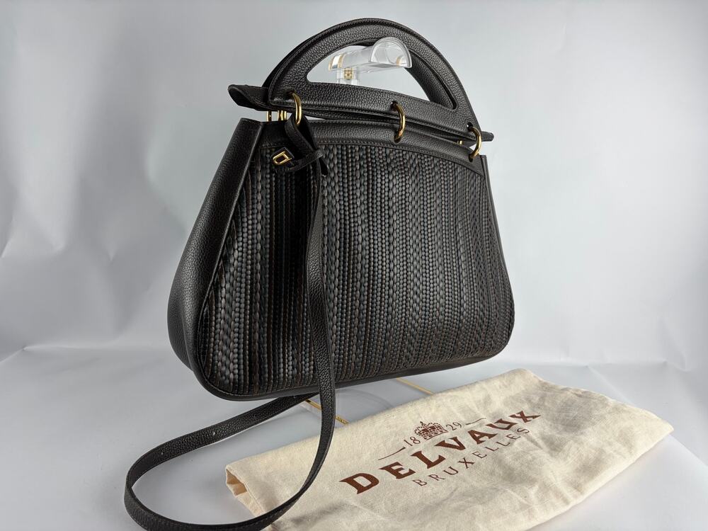 Delvaux Mango Toile de Cuir Woven Leather Top Handle Crossbody Bag Brown Black